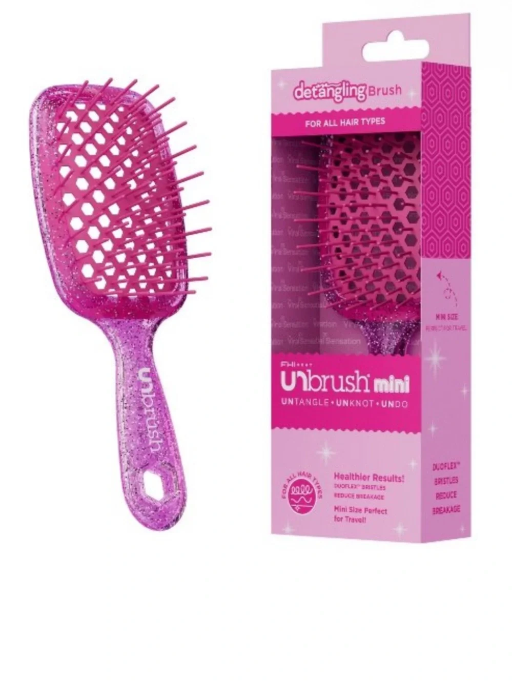 UNbrush Mini Glitter Detangling Hair Brush - Rose Quartz Pink